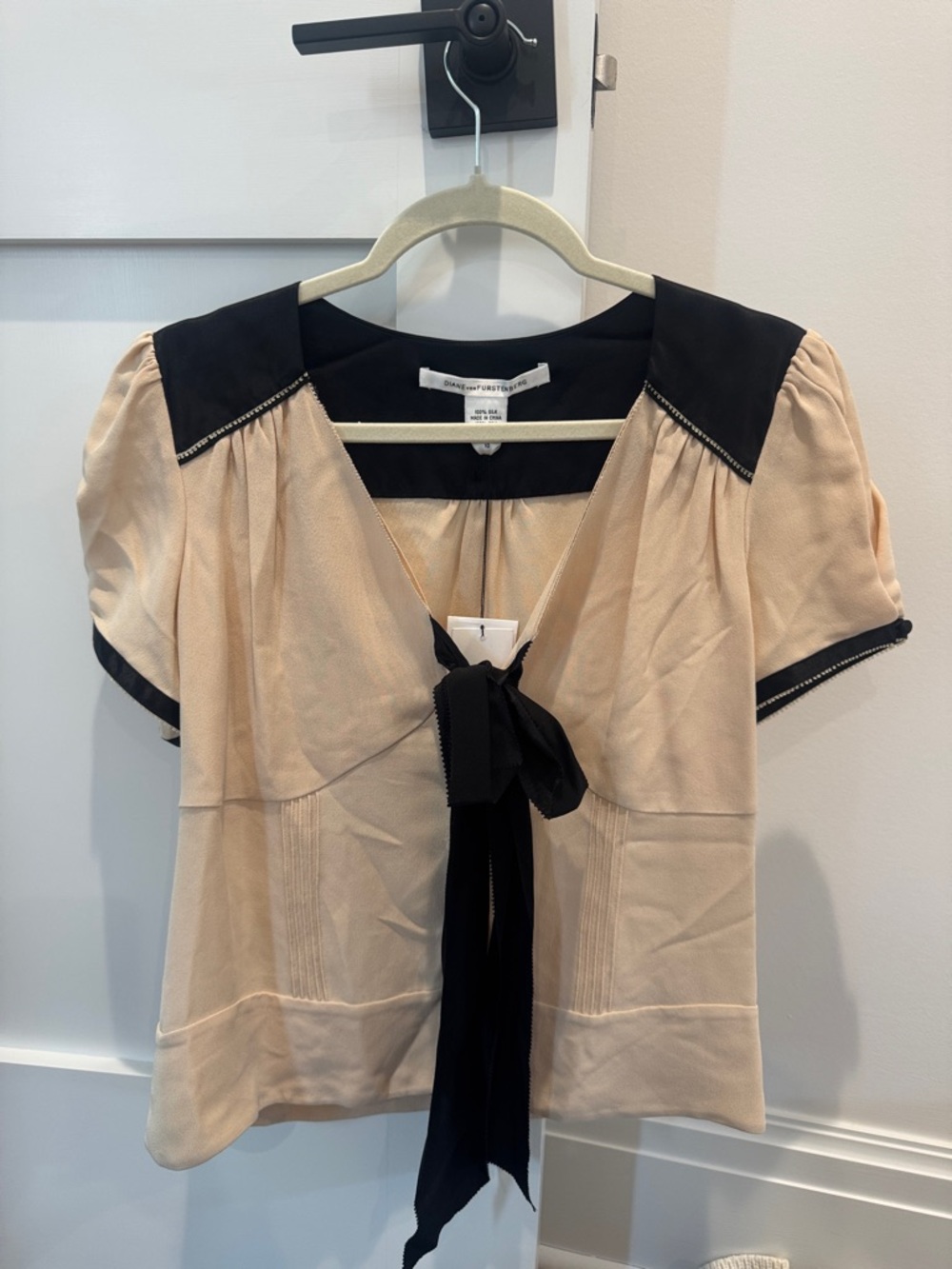Diane Von Furstenberg Beige and Black Tie-Neck Blouse